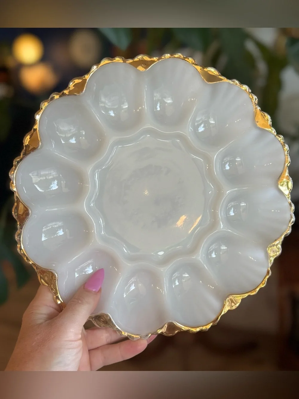 VTG Anchor Hocking White and Gold Egg Platter